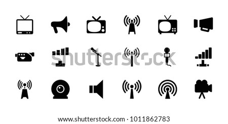 Broadcast icons. set of 18 editable filled broadcast icons: signal tower, signal, tv, transmitter, megaphone, microphone, camera