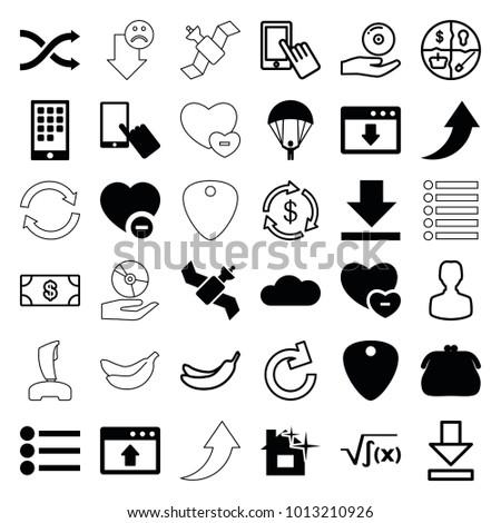App icons. set of 36 editable filled and outline app icons such as finger on display, purse, minus favorite, window browser upload, download cloud, cloud, calendar on phone