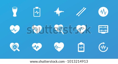 Editable 15 beat icons: heartbeat, heartbeat clipboard, heartbeat search, drum stick, music equalizer