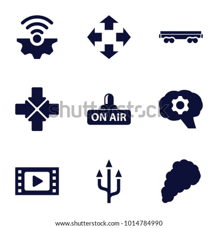 Motion icons. set of 9 editable filled motion icons such as move, movie tape, gear, gear connection, cargo wagon, open air, smoke