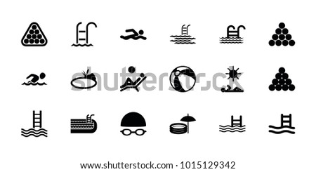 Pool icons. set of 18 editable filled pool icons: beach ball, biliard triangle, swimming man, pond, swimming hat and glasses, man laying in sun, man laying in the sun