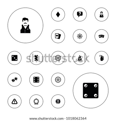 Editable vector risk icons: diamonds, casino chip, dice, casino boy, spades, spider web, dynamite, pllaying card, roulette, dice, domino, exclamation on white background.