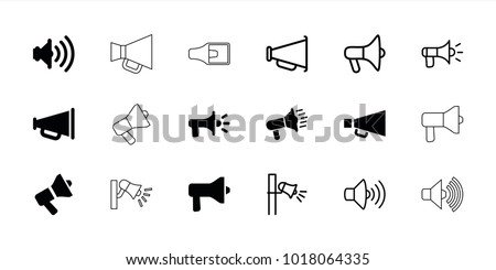 Megaphone icons. set of 18 editable filled and outline megaphone icons: megaphone