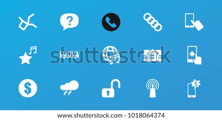 Editable 15 internet icons: airport bus, thunder, house, finger on display, money, open lock, exclamation, signal, favorite music, international music, network connection