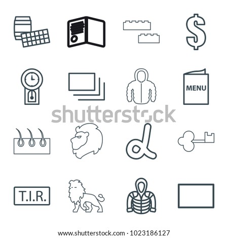 Template icons. set of 16 editable outline template icons such as hoodie, dollar, alpha, lotto, tir, burst, menu, pendulum, lion, key, diploma, building block
