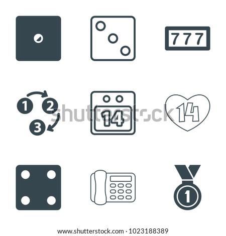 Number icons. set of 9 editable filled and outline number icons such as 7 number, dice, medal, 1 2 3, 14 date calendar, desk phone