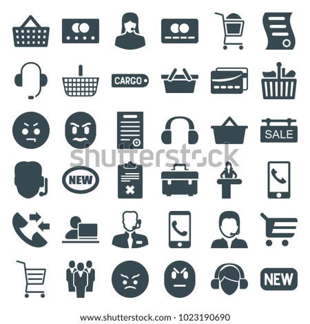 Customer icons. set of 36 editable filled customer icons such as credit card, airport desk, toolbox, shopping cart, support, new, angry emot, phone call, customer support