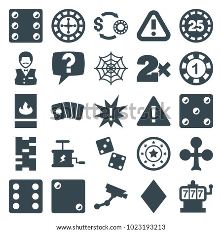 Risk icons. set of 25 editable filled risk icons such as clubs, slot machine, 1 casino chip, casino chip, dice, security camera, spider web, warning, dice, domino, exclamation