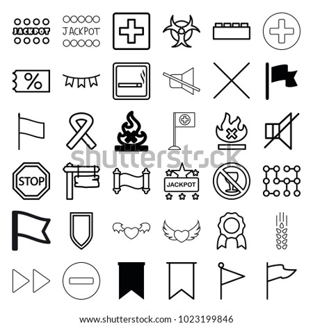 Banner icons. set of 36 editable outline banner icons such as flag, smoking area, jackpot, plus, ticket on sale, medal, building block, direction board, no alcohol, no fire