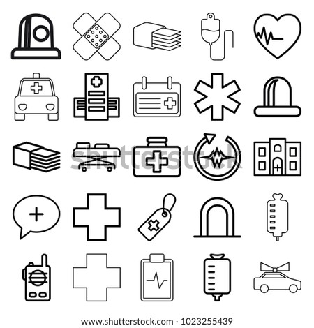 Emergency icons. set of 25 editable outline emergency icons such as siren, first aid kit, hospital, medical cross tag, drop counter, medical sign, bandage, heartbeat