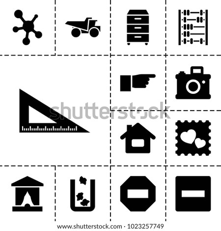 Button icons. set of 13 editable filled button icons such as trash bin, truck, minus, home, stage, camera, photo with heart, nightstand, pointing, abacus, ruler
