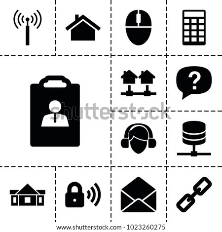 Internet icons. set of 13 editable filled internet icons such as signal tower, chain, exclamation, resume, envelope, server, home, mouse, security lock, house building, house