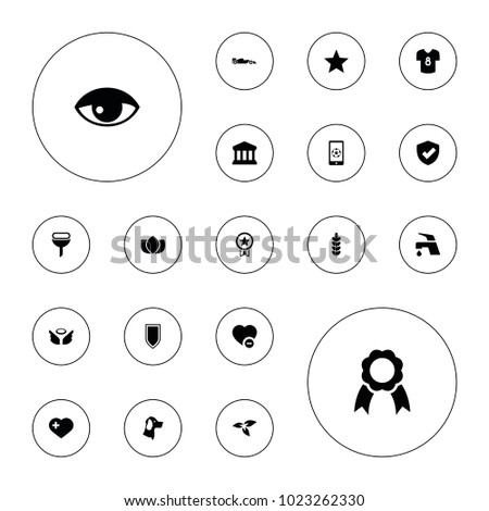 Editable vector emblem icons: plant, lotus, tap, heart with cross, minus favorite, shield, ribbon, court building, football on phone, sport car on white background.