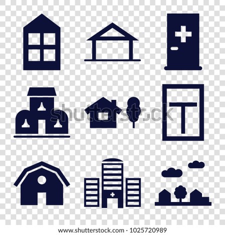 Exterior icons. set of 9 editable filled exterior icons such as home, aid post, barn, window, house and tree, city landscape, building