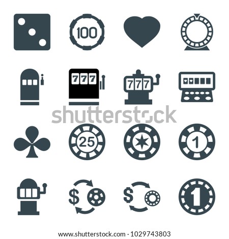 Gamble icons. set of 16 editable filled gamble icons such as slot machine, casino chip and money, 1 casino chip, dice, clubs, hearts, roulette