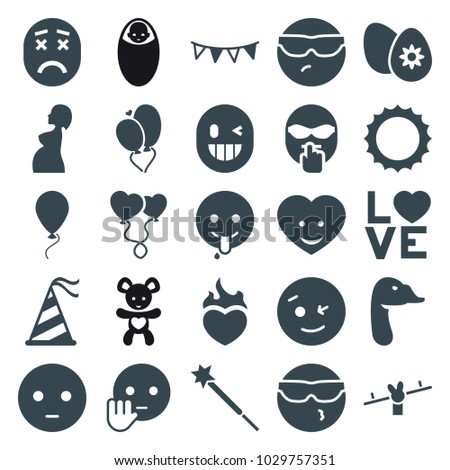 Happy icons. set of 25 editable filled happy icons such as goose, wink emot, sad emot, emoji showing tongue, heart face, love word, heart baloons, pregnant woman, party hat