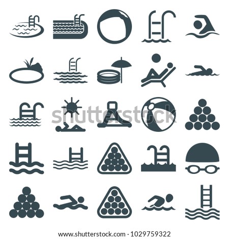 Pool icons. set of 25 editable filled pool icons such as beach ball, billiards, biliard triangle, swimming man, swimming ladder, waterslide, pond, swimmer, man laying in sun