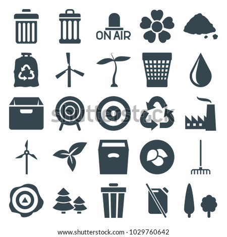 Environment icons. set of 25 editable filled environment icons such as plant, leaf, mill, water drop, trash bag, trash bin, ground heap, box, target, tree, factory, pine tree