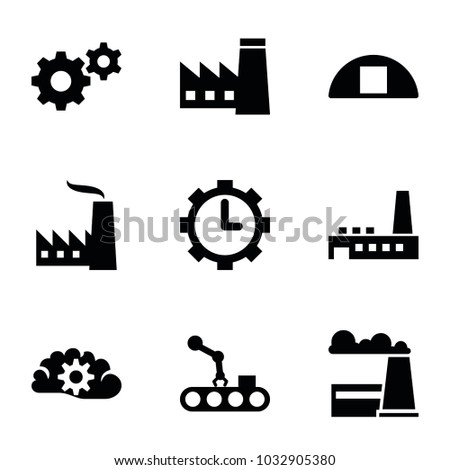 Factory icons. set of 9 editable filled factory icons such as factory, gear, cargo barn, clock in gear