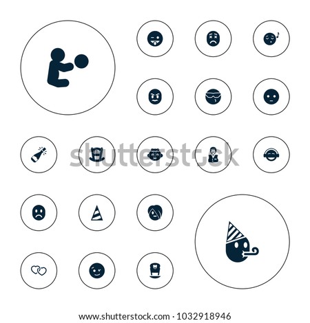 Editable vector happy icons: baby bed, baby girl, casino boy, wink emot, sad emot, emoji showing tongue, emoji listening music, emoji on white background.