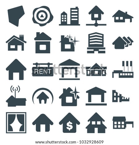 Real icons. set of 25 editable filled real icons such as house building, house, business center, building, home, rent tag, land territory, home signal, window