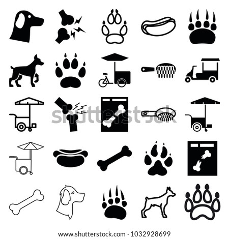 Dog icons. set of 25 editable filled and outline dog icons such as animal paw, wolf, fast food cart, x ray, broken leg or arm, hair brush, bone
