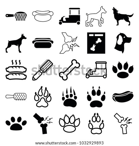 Dog icons. set of 25 editable filled and outline dog icons such as animal paw, wolf, paw, fast food cart, x ray, broken leg or arm, hair brush, bone
