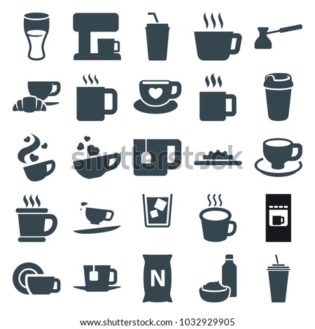 Coffee icons. set of 25 editable filled coffee icons such as tea, drink, drink and food, bag with ground, cup with heart, camera wheel, turk, mug, vending machine