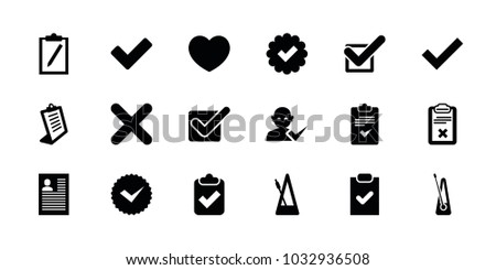 Tick icons. set of 18 editable filled tick icons: clipboard, checklist, metronome, cross, heart