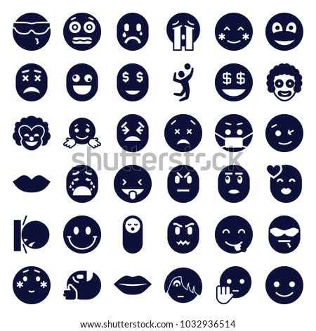 Smile icons. set of 36 editable filled smile icons such as baby food, lips, smiling emot, blush, wink emot, shy emoji, dollar smiley, crying emoji, clown, smiley