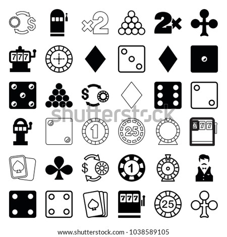 Gamble icons. set of 36 editable filled and outline gamble icons such as clubs, diamonds, slot machine, 1 casino chip, dice, casino bet, slot machine, pllaying card, roulette