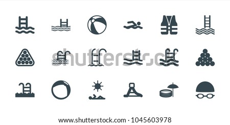 Pool icons. set of 18 editable filled pool icons: beach ball, biliard triangle, swimming man, swimming ladder, waterslide, man laying in sun, life vest