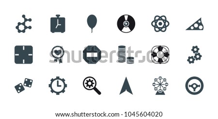 Circle icons. set of 18 editable filled circle icons: gear, coin, atom, minus, clock in gear, balloon, steering wheel, sundial, alarm, ferris wheel, clock, dice