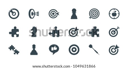 Strategy icons. set of 18 editable filled strategy icons: target, puzzle, dart, chess horse, chess pawn, pawn, arrows in target, thumb up