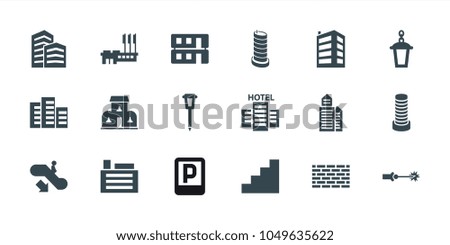 Urban icons. set of 18 editable filled urban icons: escalator down, business center building, street lamp, building, brick wall, stair, house building, hotel, electric circuit