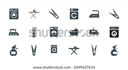Laundry icons. set of 18 editable filled laundry icons: washing machine, spray bottle, cloth pin, ironing table, laundry
