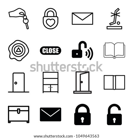 Open icons. set of 16 editable filled and outline open icons such as lock, opened lock, mail, close, chest, arrow up, no standing nearby, cupboard, hand with key, door