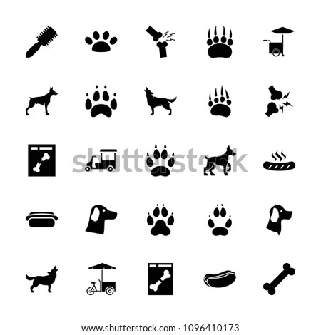 Dog icon. collection of 25 dog filled icons such as animal paw, wolf, hair brush, fast food cart, x ray, broken leg or arm, paw, bone. editable dog icons for web and mobile.