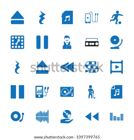 Player icon. collection of 25 player filled icons such as dice game, pause, eject button, play back, equalizer. editable player icons for web and mobile.