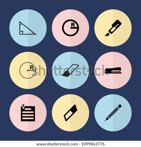 Set of 9 stationery filled icons such as cutter, circle, eraser, stapler, paper pin, triangle