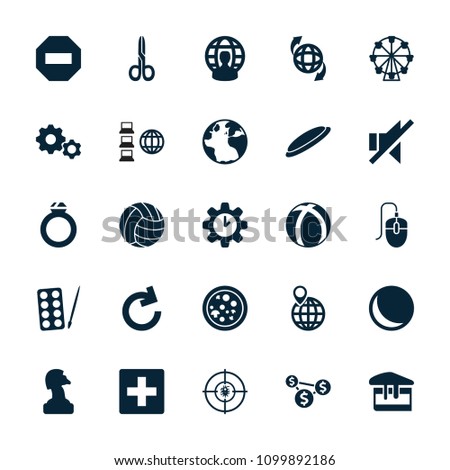 Round icon. collection of 25 round filled icons such as globe, paints, plus, sphere, chess horse, ferris wheel, qround the globe, dna. editable round icons for web and mobile.