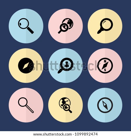 Set of 9 exploration filled icons such as compass, user search, search, globe search