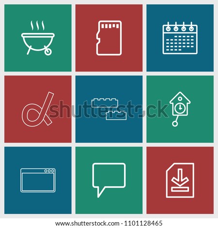 Template icon. collection of 9 template outline icons such as calendar, chat, file, memory card, barbeque, pendulum, alpha. editable template icons for web and mobile.