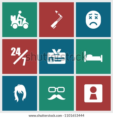 Person icon. collection of 9 person filled icons such as woman wc, 24 hours support, bed, courier on motorcycle, woman hairstyle. editable person icons for web and mobile.