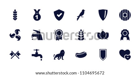 Emblem icon. collection of 18 emblem filled icons such as lion, lotus, tap, shield, medal, hot dog, crossed flags, plant, sparrow. editable emblem icons for web and mobile.