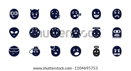Emoji icon. collection of 18 emoji filled icons such as cool emot in sunglasses, sweating emot, alien head. editable emoji icons for web and mobile.