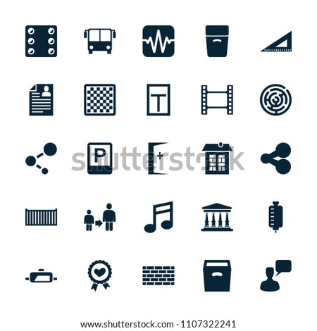 Square icon. collection of 25 square filled icons such as airport bus, chatting man, ruler, share, movie tape, chess board. editable square icons for web and mobile.