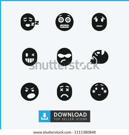 Expression icon. collection of 9 expression filled icons such as shy emoji, angry emot, shocked emoji, wink emot. editable expression icons for web and mobile.