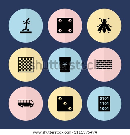 Set of 9 square filled icons such as fly, no standing nearby, binary code, airport bus, dice, chess board, box