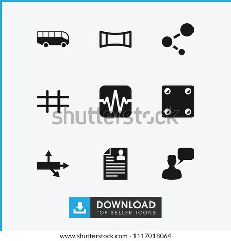 Square icon. collection of 9 square filled icons such as chatting man, arrow, panorama mode, grid, airport bus, dice, resume, share. editable square icons for web and mobile.